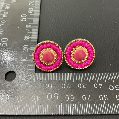 Pink Beaded and Enamel Circular Stud Earrings