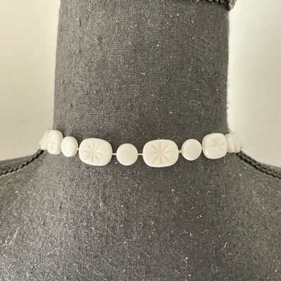 Vintage Carved White Bovine Bone Starburst Bead Necklace