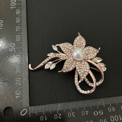 Rose Gold Tone Rhinestone and Faux Pearl Floral Brooch