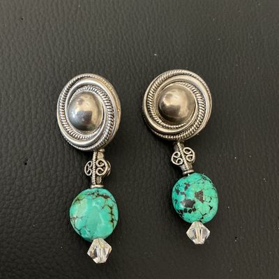 Vintage Silver Turquoise & Crystal Dangle Post Earrings