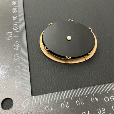 Antique Victorian Gold Tone Black Onyx & Seed Pearl Brooch