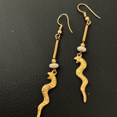Vintage Brass Snake Dangle Earrings with White Stone Accents