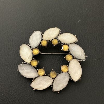 Vintage Silver-Tone Wreath Brooch with White and Yellow Stones