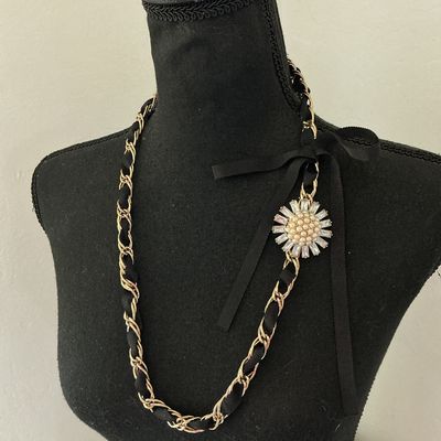 Gold-Tone Chain and Black Ribbon Necklace with Faux Pearl Flower Accent