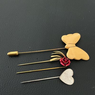 Vintage Stick Pins Collection - Butterfly, Rose, and Heart - 3 Pieces