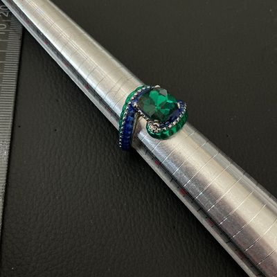 Green and Blue Enamel Bypass Ring with Green Faceted Center Stone