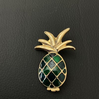 Vintage Gold Tone and Green Enamel Pineapple Brooch