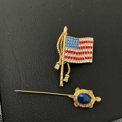 Vintage Rhinestone American Flag Brooch & Turtle Stick Pin Set