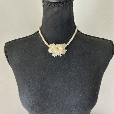 Vintage Faux Pearl Choker Necklace with Carved Floral Centerpiece