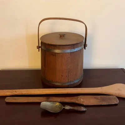 Wooden Sugar Firkin, Two Large Wooden Paddles And A Brass And Wooden Scoop