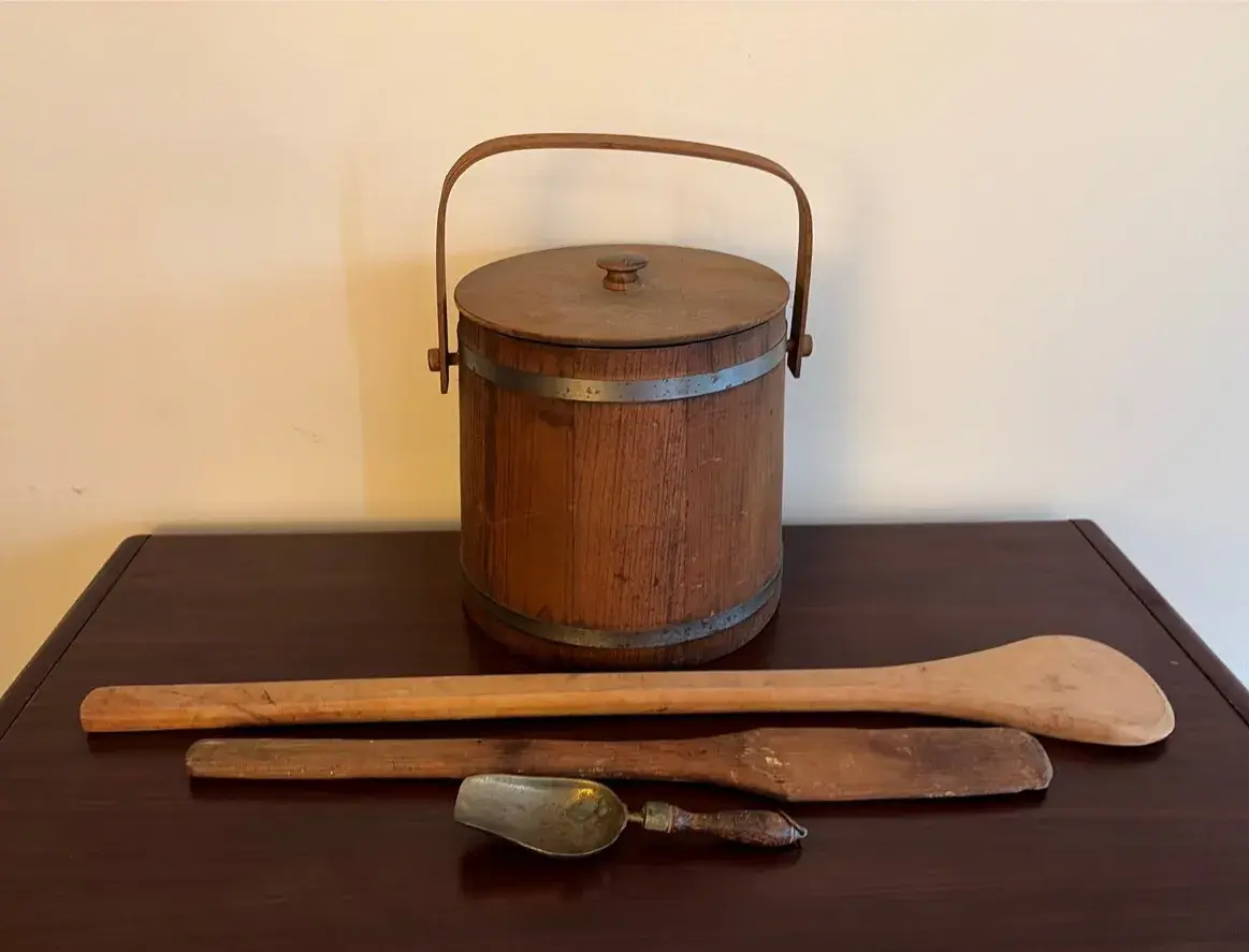 Wooden Sugar Firkin, Two Large Wooden Paddles And A Brass And Wooden Scoop