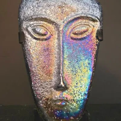 Vintage Iridescent Art Glass Face Mask Sculpture With Metal Stand And Candle