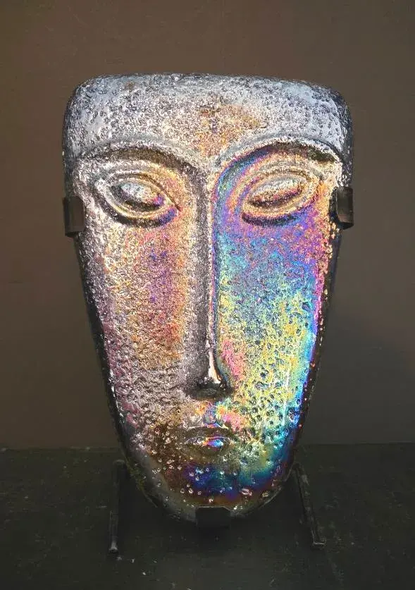 Vintage Iridescent Art Glass Face Mask Sculpture With Metal Stand And Candle
