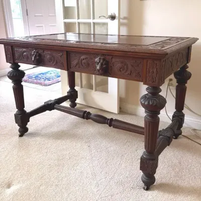Antique Victorian Ornate Carved Mahogany Partner's Desk or Library Table