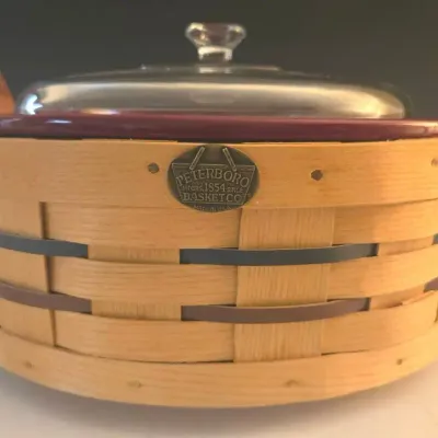 Peterboro Basket Co. Wooden Woven Basket With Burgundy Stoneware And Glass Lid