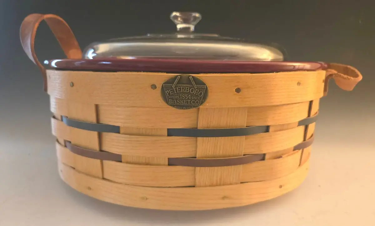 Peterboro Basket Co. Wooden Woven Basket With Burgundy Stoneware And Glass Lid