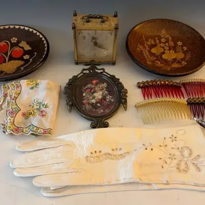 Vintage Assortment, Linden Black Forest Clock, Leather Dress Gloves And More