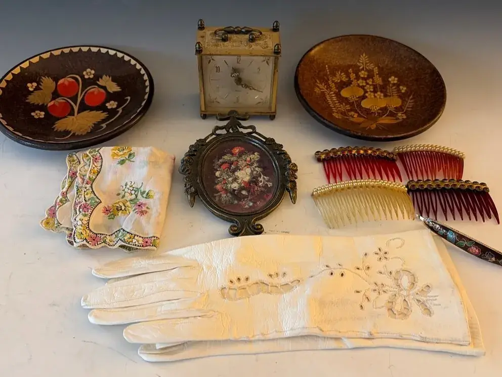 Vintage Assortment, Linden Black Forest Clock, Leather Dress Gloves And More