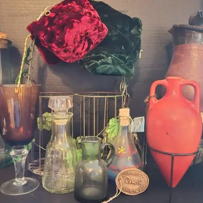 Italian Table Decor With Wine Holder, Amber Glass And Leather Wrapped Sangria Pitcher And More