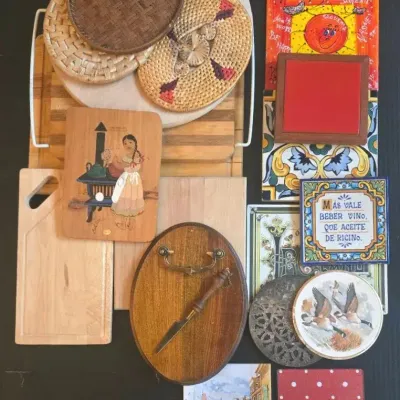 Collection Of Wood Cutting Boards And Variety Of Trivets With Vintage Cheese Board