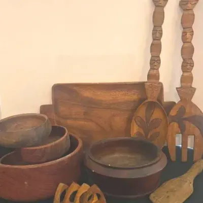 MCM Wooden Bowls And Serving Tray With Hand Carved Fork And Spoon Wall Hanging 