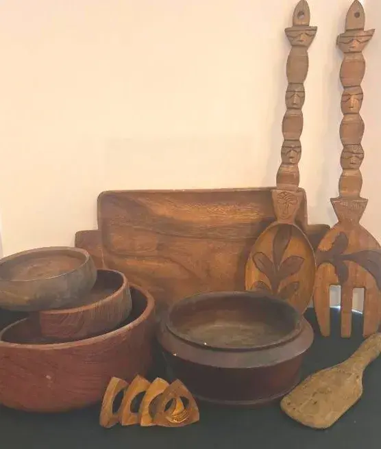 MCM Wooden Bowls And Serving Tray With Hand Carved Fork And Spoon Wall Hanging 
