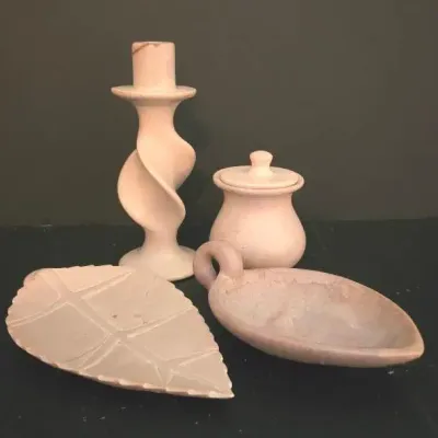 Vintage Hand Carved Soapstone Decorative Candlestick, Lidded Jar, 2 Small Leaf Shaped Dishes
