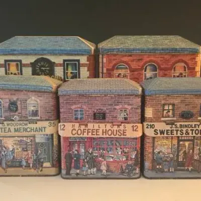 Vintage Metal Storage Tins By Silver Crane Co. With Storefront Design - Made In England