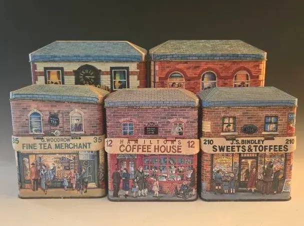Vintage Metal Storage Tins By Silver Crane Co. With Storefront Design - Made In England