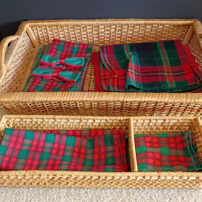 Hand Woven Rectangular Rattan Trays with  Loop Handles and Christmas Table Linens