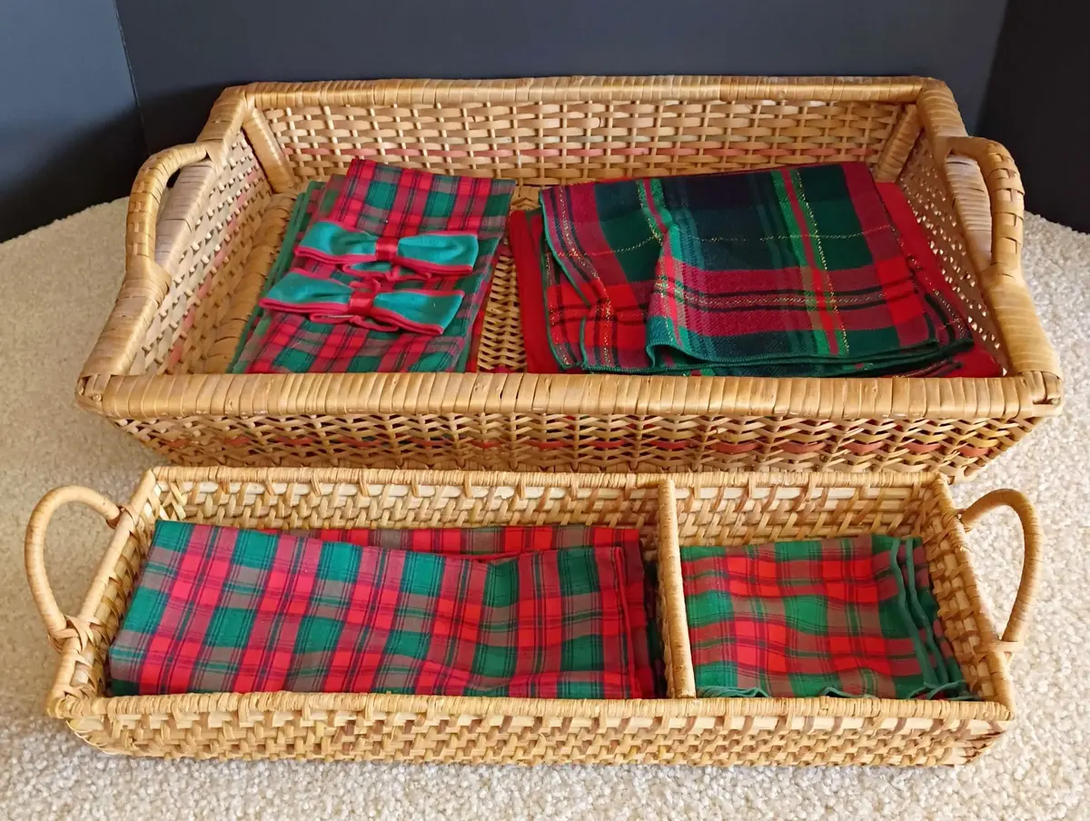 Hand Woven Rectangular Rattan Trays with  Loop Handles and Christmas Table Linens