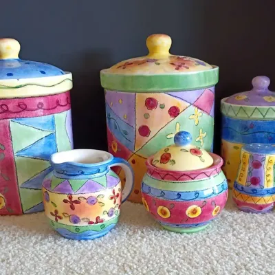 Sweet Shoppe by Sango Canisters, Large Mixing Bowl,Cream & Sugar and S&P Shakers