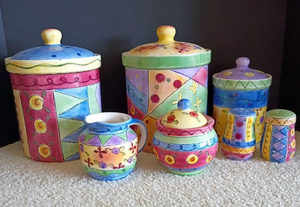 Sweet Shoppe by Sango Canisters, Large Mixing Bowl,Cream & Sugar and S&P Shakers