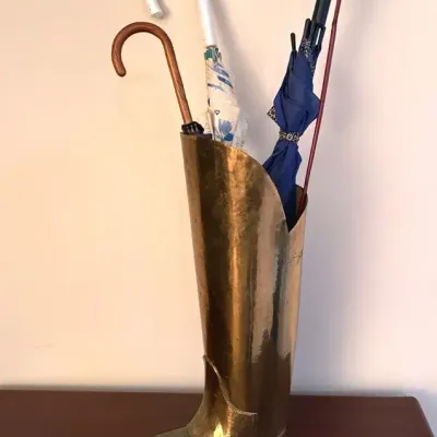 MCM Hammered Brass Boot Umbrella Stand With Vintage Umbrellas 
