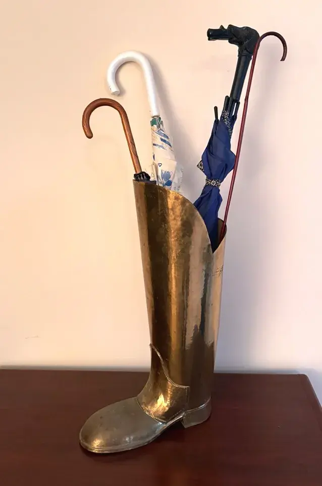 MCM Hammered Brass Boot Umbrella Stand With Vintage Umbrellas 