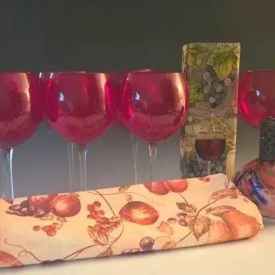 Set Of 7 Ruby Red Balloon Wine Glasses, Hand Painted Vase, Blown Glass Oil Lamp And Table Runner