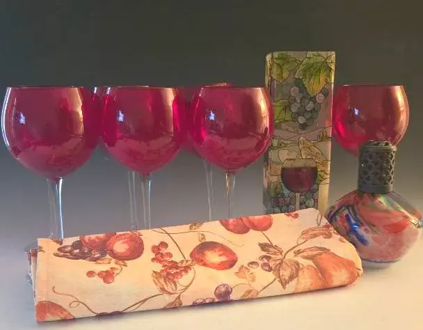 Set Of 7 Ruby Red Balloon Wine Glasses, Hand Painted Vase, Blown Glass Oil Lamp And Table Runner