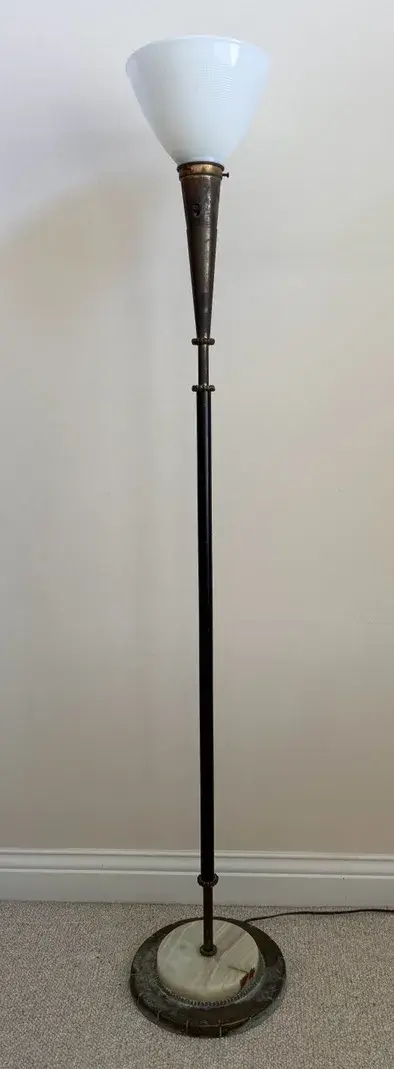 1930s Mutual Sunset Lamp Co. (MSLC) Torchiere Floor Lamp W/ Brass & Marble Base 