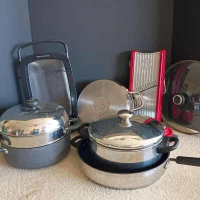 Circulon Double Boiler, Cooks Essentials Skillets & Pots, KitchenAid Collander and PL8 Mandolin 