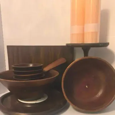 MCM Walnut Salad Bowl Set By Vermillion, Lazy Susans And 12.5"  Wood Pedestal 
