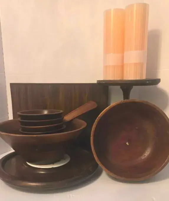 MCM Walnut Salad Bowl Set By Vermillion, Lazy Susans And 12.5"  Wood Pedestal 