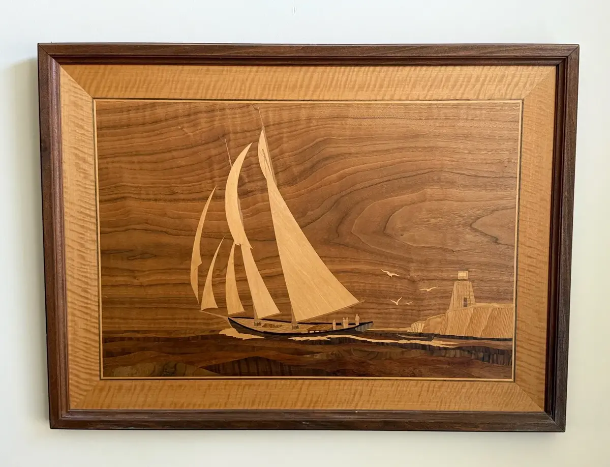 Large Framed Wood Marquetry Art Piece Of Sailboat & Lighthouse