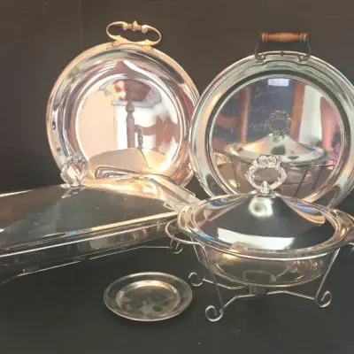 Rectangular And Round Chafing Dishes With Metal Stands For Warming, Stainless Steel Trays, Stieff 