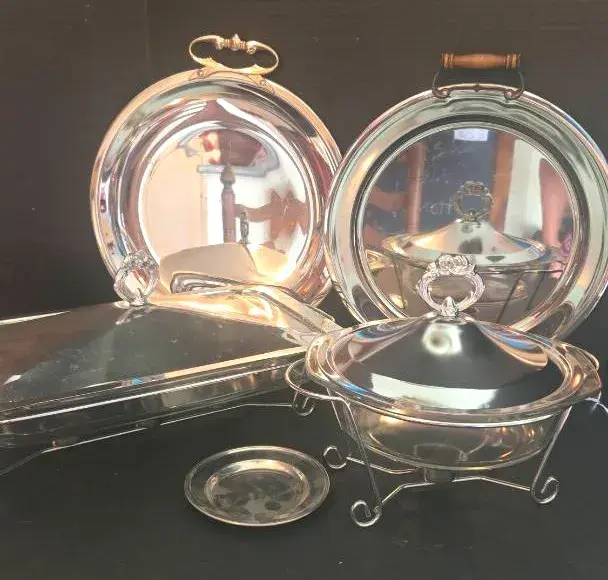 Rectangular And Round Chafing Dishes With Metal Stands For Warming, Stainless Steel Trays, Stieff 