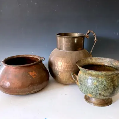 Vintage Hand-hammered Copper Pot With Brass Pitcher, +