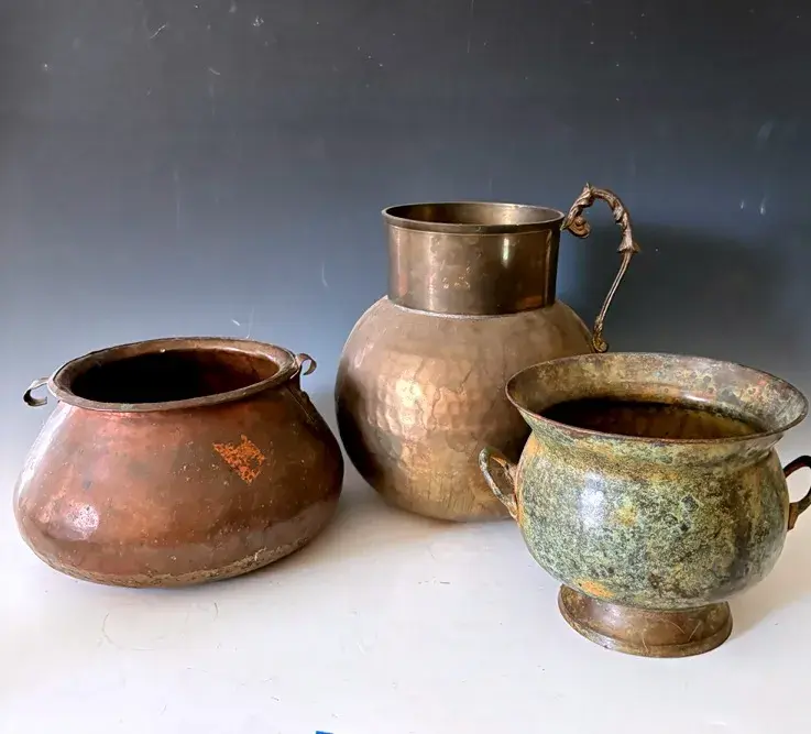 Vintage Hand-hammered Copper Pot With Brass Pitcher, +