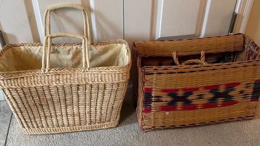 Vintage Portuguese Reed Basket Tote With Woven Tote