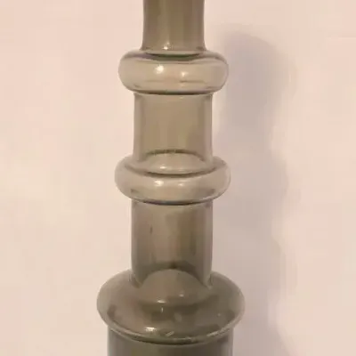 Tall Smokey Grey Hand Blown MCM Glass Vase With Stacked Ring Silhouette 
