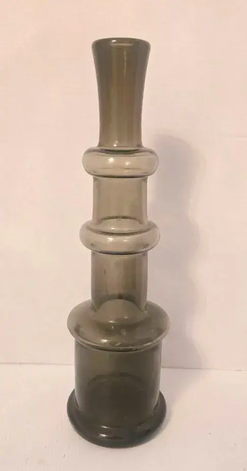 Tall Smokey Grey Hand Blown MCM Glass Vase With Stacked Ring Silhouette 