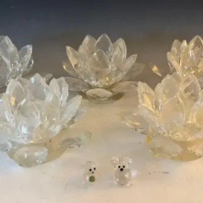 Crystal Lotus Flower Candleholders And Two Tiny Crystal Animals